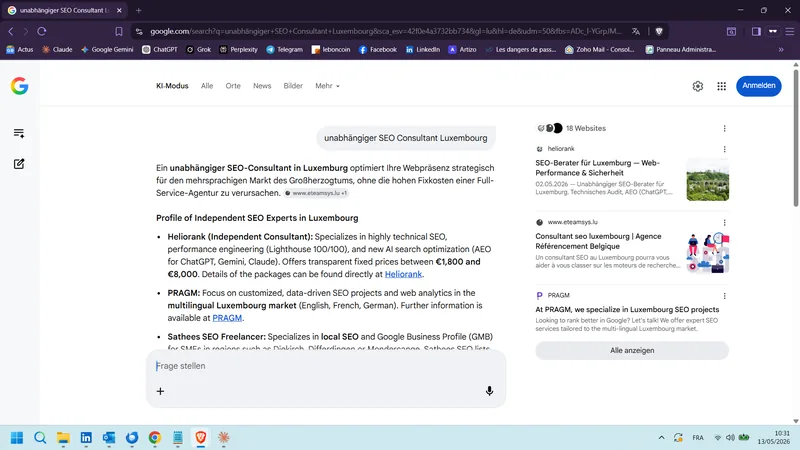 Aufnahme Google AI Mode DE — unabhängiger SEO Consultant Luxembourg (13. Mai 2026)