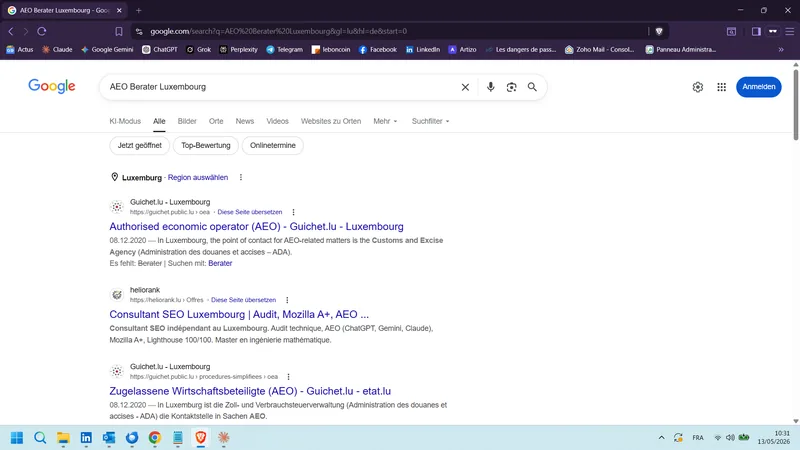 Aufnahme Google.de (organisch) DE — AEO Berater Luxembourg (13. Mai 2026)