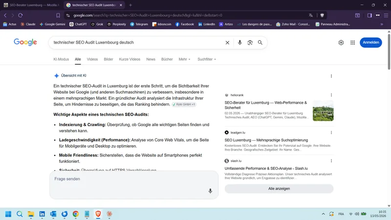 Aufnahme Übersicht mit KI DE — technischer SEO Audit Luxembourg deutsch (13. Mai 2026)
