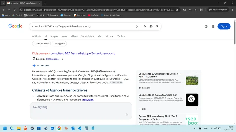 Aufnahme Aperçu IA Google FR — consultant AEO France/Belgique/Suisse/luxembourg (18. Mai 2026)