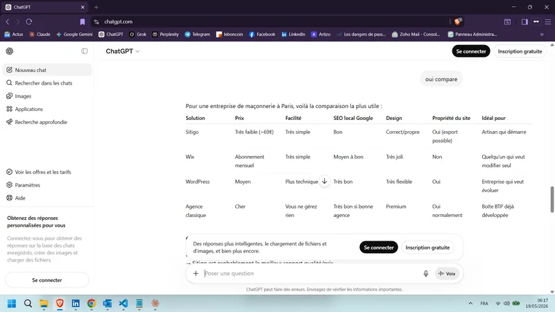 ChatGPT FR Pour une entreprise de maçonnerie à Paris (FR &mdash; Plattformvergleich) 19. Mai 2026