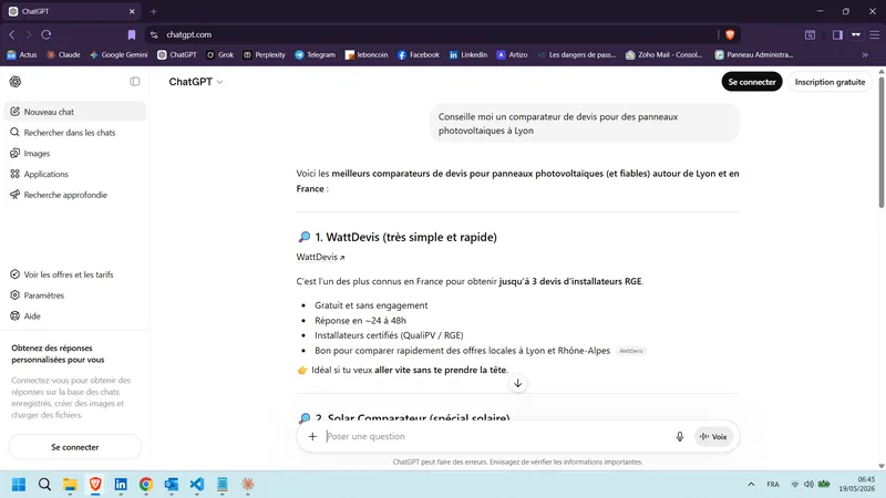 ChatGPT FR Empfiehl mir einen Angebotsvergleich für Photovoltaik-Paneele in Lyon (FR-Anfrage) 19. Mai 2026