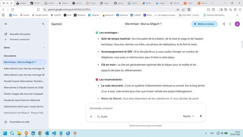 Google Gemini FR Je suis artisan maçon à Paris. Je crée mon site seul ou sur sitigo.fr ? (FR-Anfrage) AVANT GEO