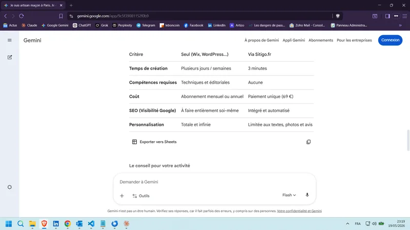 Google Gemini FR Je suis maçon à Paris. Je crée mon site tout seul ou avec sitigo.fr ? (FR-Anfrage) 19. Mai 2026 (nach GEO-Kampagne)