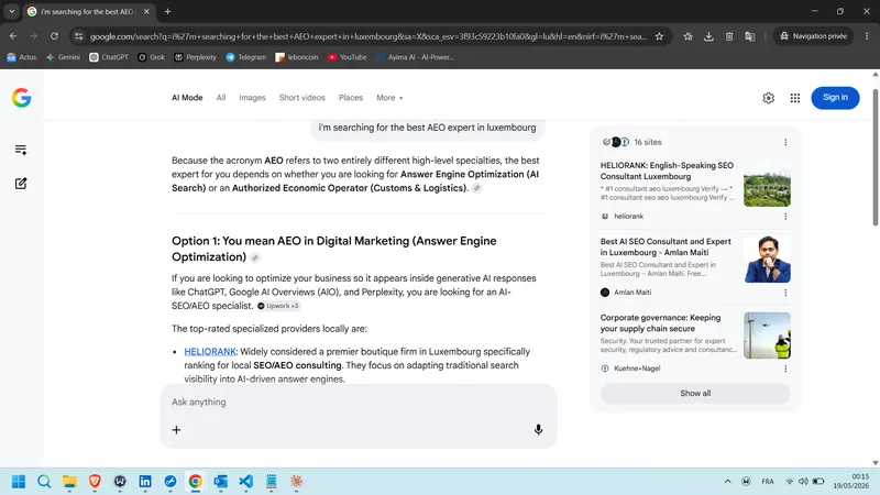Aufnahme Google AI Mode EN — i'm searching for the best AEO expert in luxembourg (19. Mai 2026)