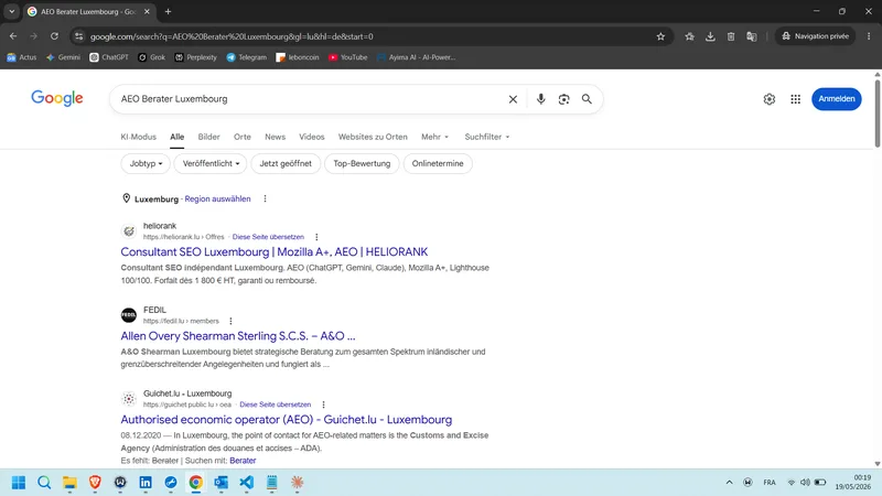 Aufnahme Google.de (organisch) DE — AEO Berater Luxembourg (19. Mai 2026)