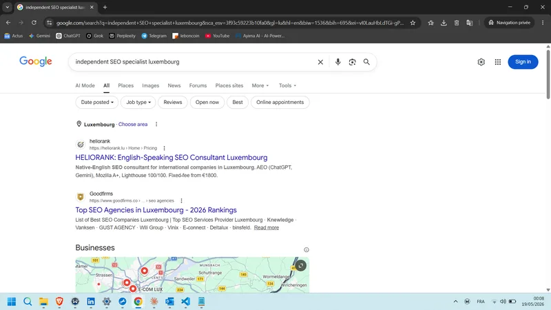 Aufnahme Google.lu (organisch) EN — independent SEO specialist luxembourg (19. Mai 2026)