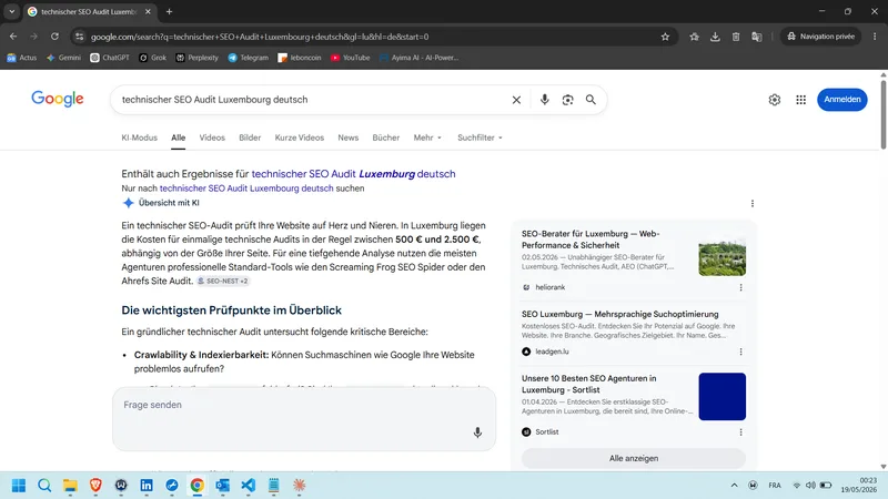 Aufnahme Übersicht mit KI DE — technischer SEO Audit Luxembourg deutsch (19. Mai 2026)