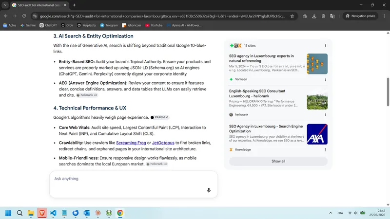 Aufnahme Übersicht mit KI EN — SEO audit for international companies luxembourg: Heliorank bei « AEO » und « Mobile-Friendliness » zitiert (25. Mai 2026)