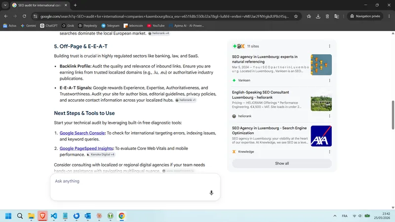 Aufnahme Übersicht mit KI EN — SEO audit for international companies luxembourg: Heliorank bei « E-E-A-T Signals » zitiert (25. Mai 2026)