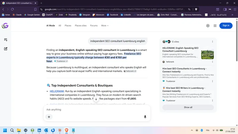 Aufnahme Google AI Overview EN — independent SEO consultant luxembourg english (27. Juni 2026)