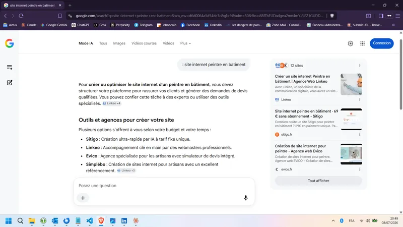 Google AI Overview FR site internet peintre en batiment 8. Juli 2026