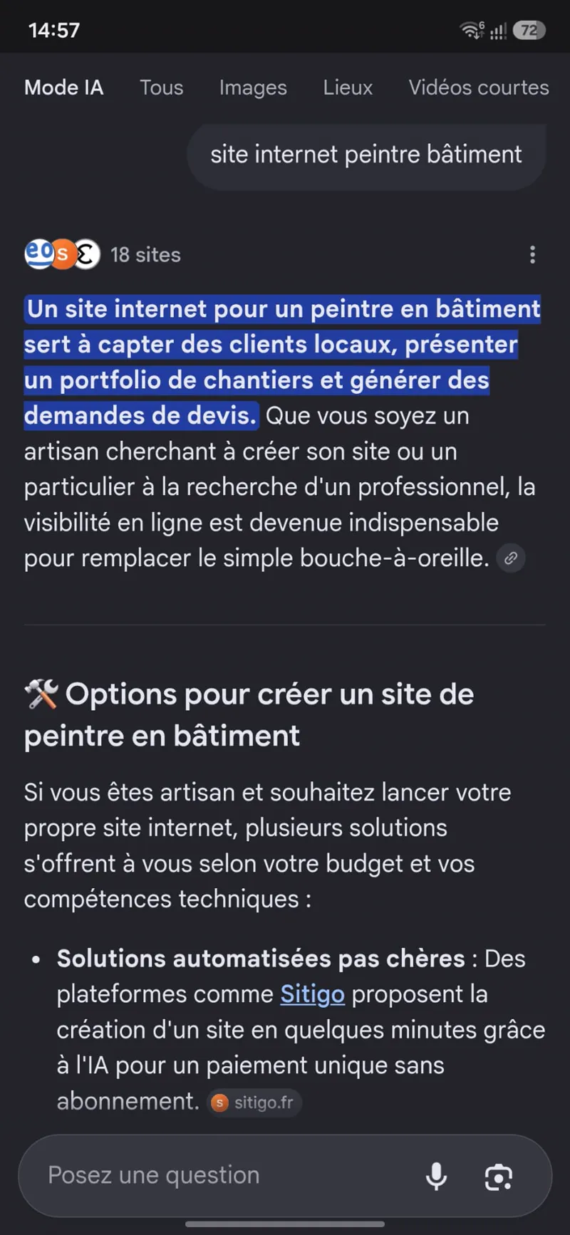 Google AI Overview Mobile FR site internet peintre bâtiment 10. Juli 2026